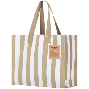 A striped tote bag in beige and white, featuring sturdy handles and a branding tag.