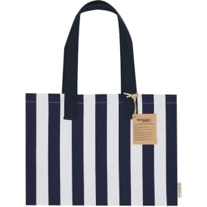A tote bag with navy and white vertical stripes, featuring long handles and a tag.
