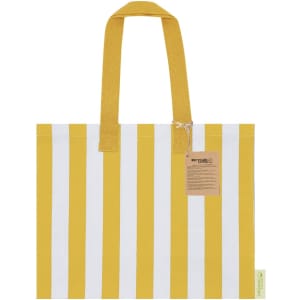 A tote bag with yellow and white vertical stripes, featuring sturdy handles and a tag. It has a simple design and a logo.