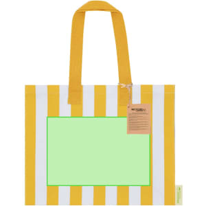 A striped tote bag in white and yellow with sturdy handles and a blank green rectangular area. It features a logo.