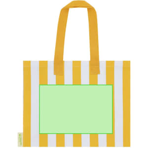 A yellow and white striped tote bag with two handles and a central blank area, featuring a logo on the side.