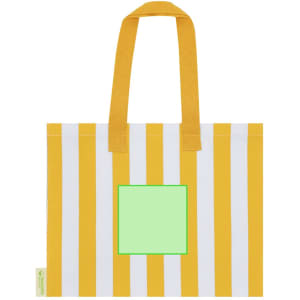 A tote bag with yellow and white vertical stripes, featuring a green square in the centre and yellow handles.