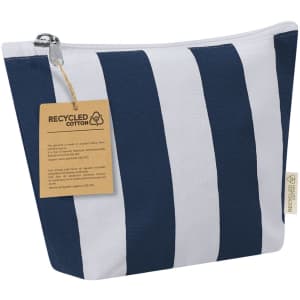 A striped toiletry bag in navy blue and white, made from recycled cotton, featuring a zip closure and a tag.