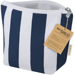 A blue and white striped toiletry bag made from recycled cotton, featuring a zip closure and a tag.