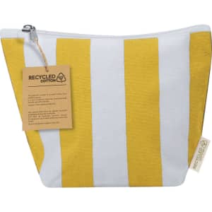 A zippered toiletry bag with yellow and white stripes made from recycled cotton, featuring a logo and a label.