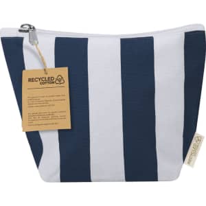 A striped toiletry bag in navy blue and white, made from recycled cotton, featuring a zip closure and a tag.