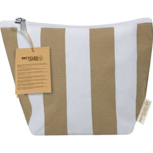 A striped toiletry bag in white and beige, featuring a zip closure and a tag detailing recycled materials.