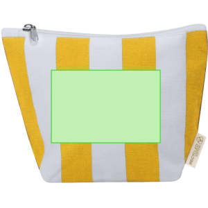 A striped toiletry bag with white and yellow colours, featuring a zip closure and a branding label.