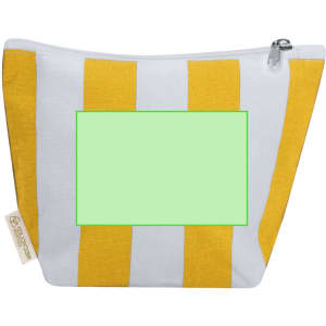 A toiletry bag featuring yellow and white striped fabric with a zipped closure and a logo.