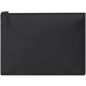 A black toiletry bag featuring a zip closure and a sleek design, suitable for cosmetics and accessories.