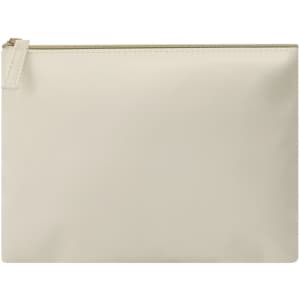 A cream toiletry bag with a zip closure and a smooth, glossy finish, featuring a branding logo.