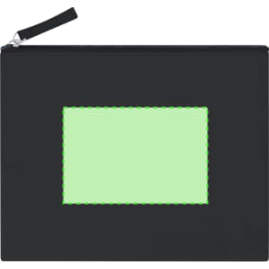 A black toiletry bag featuring a green window section and a zip closure. Includes a branding logo.