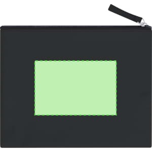 A black toiletry bag with a zip closure, featuring a rectangular space that could display a logo or label.