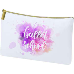 A white toiletry bag with purple and pink watercolour splashes and a design featuring the words "ballet school."
