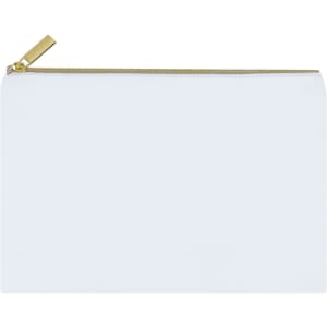 A white toiletry bag with a gold zipper and a subtle branding logo on the side.