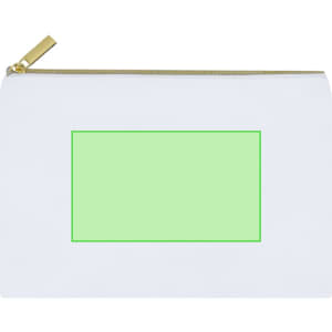 A white toiletry bag with a gold zipper, featuring a green rectangular area for custom design.