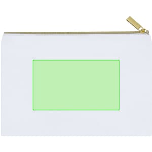 A white toiletry bag with a gold zipper and a green rectangular area, featuring a logo.