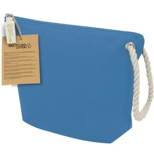 A blue toiletry bag made from recycled cotton, featuring a rope handle and a tag.