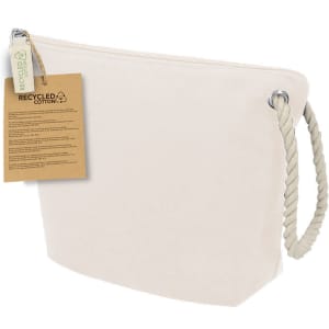 A cream-coloured toiletry bag made from recycled cotton, featuring a rope handle and a tag.