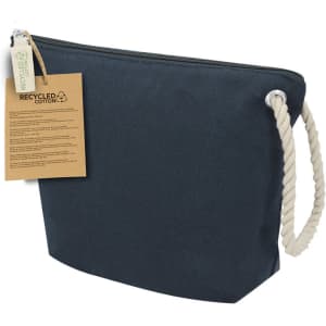 A dark blue toiletry bag made from recycled cotton, featuring a rope handle and a branded tag.
