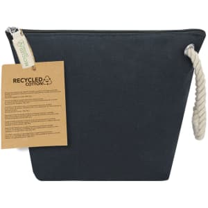 A black toiletry bag made of recycled cotton, featuring a rope handle and a tag attached.
