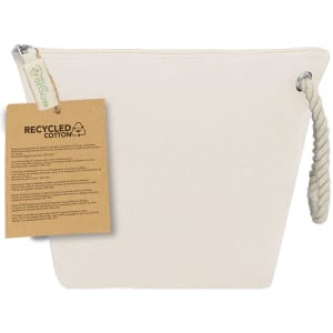 A white toiletry bag made from recycled cotton, featuring a rope handle and attached tag.