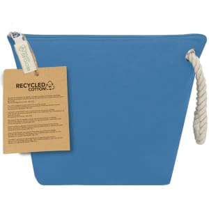 A blue toiletry bag made of recycled cotton, featuring a rope handle and a tag detailing its material.