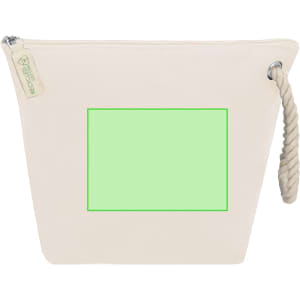 A neutral-coloured toiletry bag with a textured finish and a rope handle, featuring a green blank area.