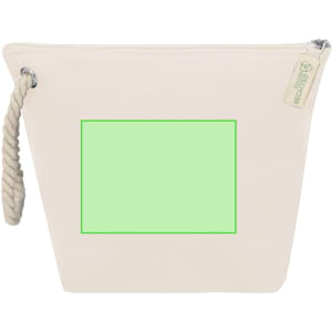 A cream toiletry bag with a rope handle and a blank area for a label or design, featuring a logo.