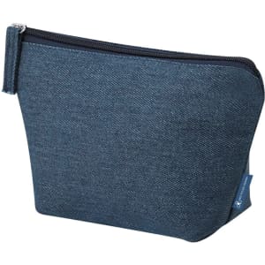 A denim-coloured toiletry bag with a zip closure and a small branding label on the side.