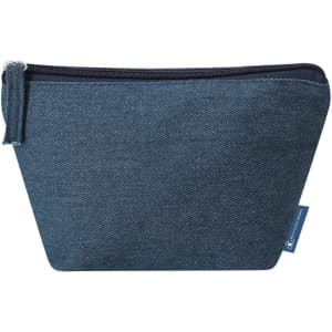 A denim-blue toiletry bag with a zip closure and a small branding tag.