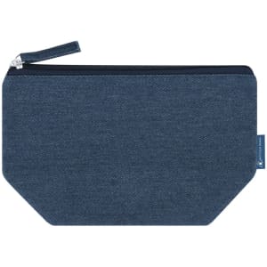 A blue denim toiletry bag with a zip closure and a small side handle. It features a branding logo.
