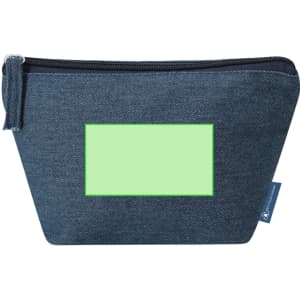 A denim toiletry bag with a zip closure, featuring a green rectangular section and a branding tag.