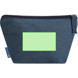 A denim toiletry bag with a zip closure and a blank area for branding. Features a dark blue exterior.
