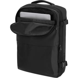 A black vacuum backpack with multiple compartments, including a pouch for a laptop and a front pocket.