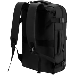 A black vacuum backpack with adjustable straps and multiple compartments, featuring a logo.