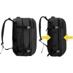 A black vacuum backpack featuring adjustable straps and a sleek design, with visible side pockets.