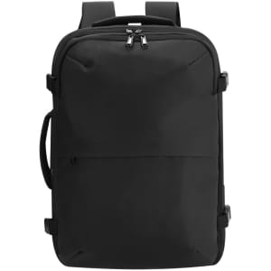 A black vacuum backpack featuring adjustable straps, a handle, and a sleek, minimalist design.