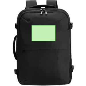 A black backpack with adjustable straps and a front pocket with a blank area. It features a logo on the front.
