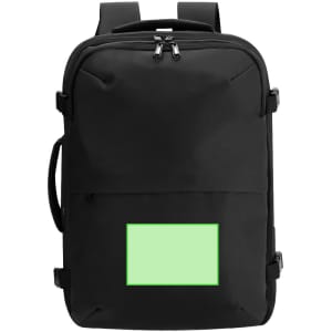 A black backpack with a front pocket and a logo. It features adjustable straps and a sleek design.