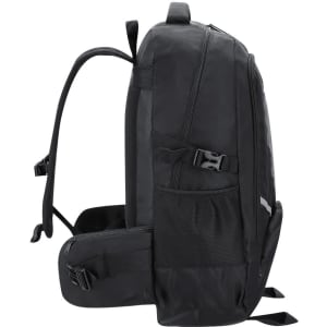 A black backpack with adjustable straps, featuring multiple compartments and a mesh side pocket.