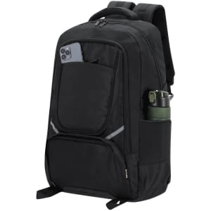A black Zurut Backpack featuring multiple pockets, including a front compartment for a phone and a side holder for a drink bottle.