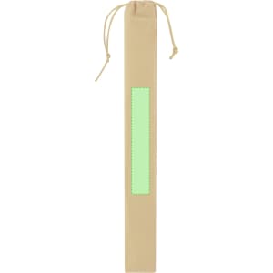 A tan cylindrical backpack with a drawstring closure and a green rectangular area for branding.
