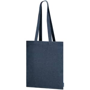 A navy blue tote bag with long handles and a simple design. It features a logo on one side.