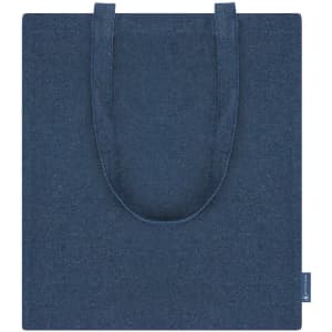 A denim blue tote bag with two shoulder straps and a logo.