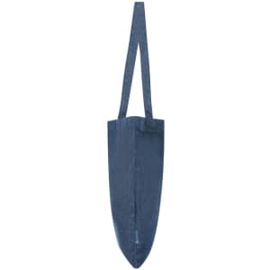 A blue tote bag with long handles and a narrow, tapered design, featuring a brand logo.