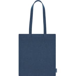 A blue tote bag with two long handles and a simple design, featuring a logo on one side.