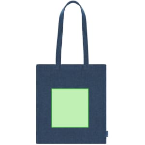 A dark blue tote bag featuring a large green square in the centre. The bag has two handles and a logo.