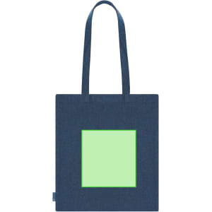 A blue tote bag with two handles and a green square design in the centre. It features a logo.