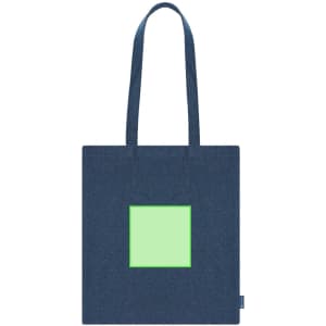A navy tote bag featuring a plain green square and two sturdy handles. The bag has a logo on one side.